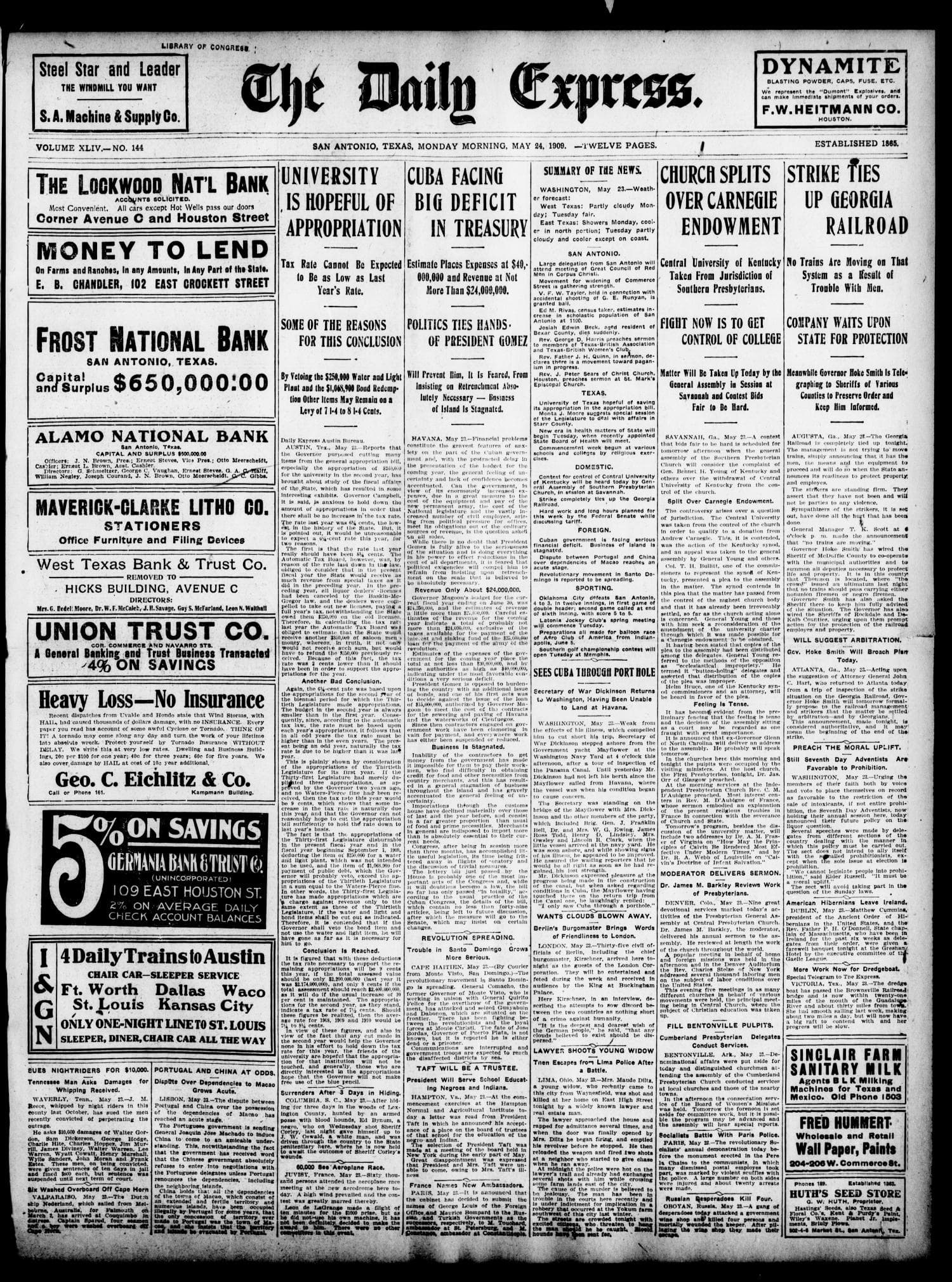 The Daily Express. (San Antonio, Tex.), Vol. 44, No. 144, Ed. 1 Monday, May 24, 1909 - DPLA - ca462fe081e5f4bdcde769c1096cf1e4 (page 1).jpg