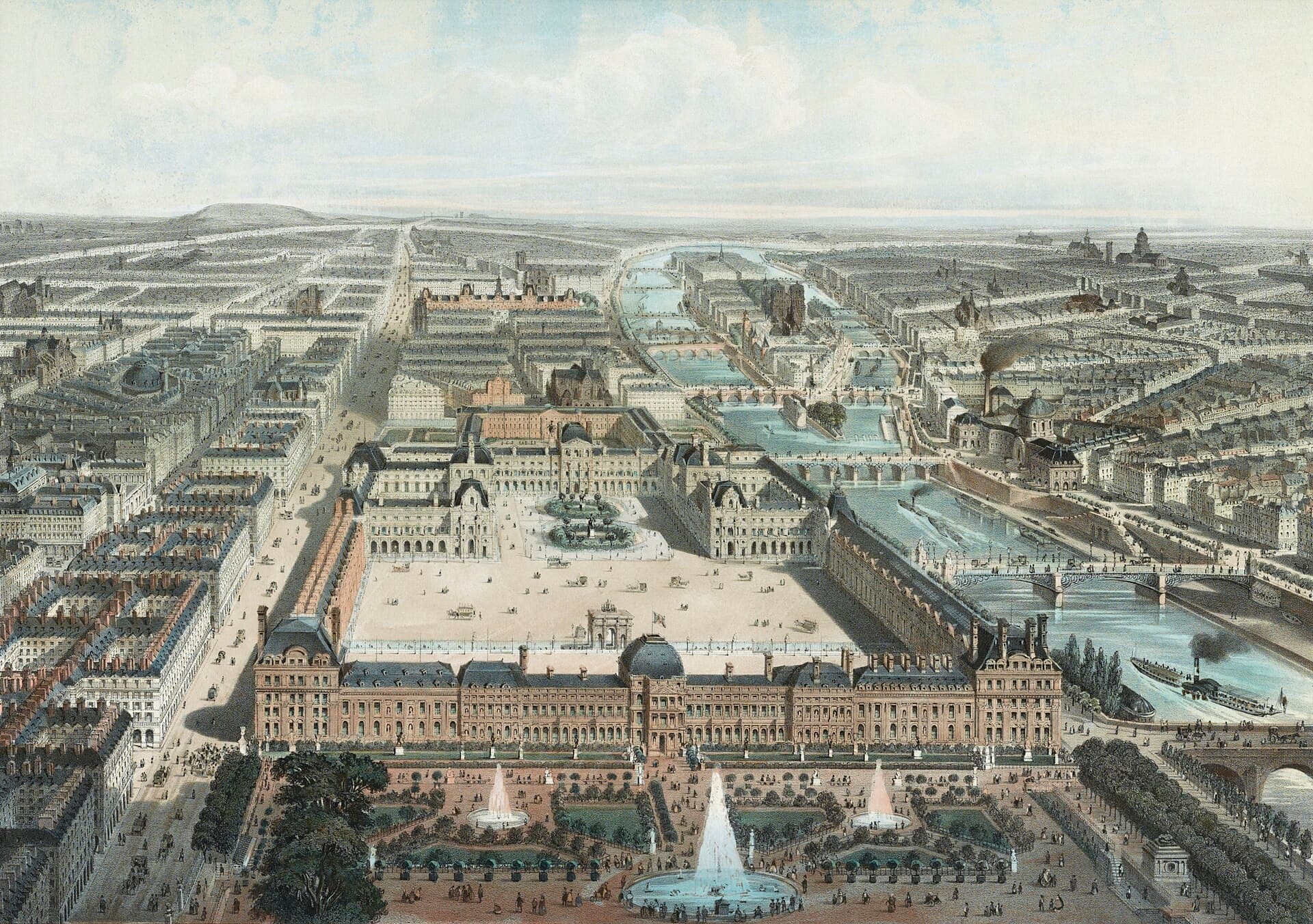 Paris moderne. Les Tuileries, le Louvre, et la rue de Rivoli, vue prise du Jardin des Tuileries.jpg